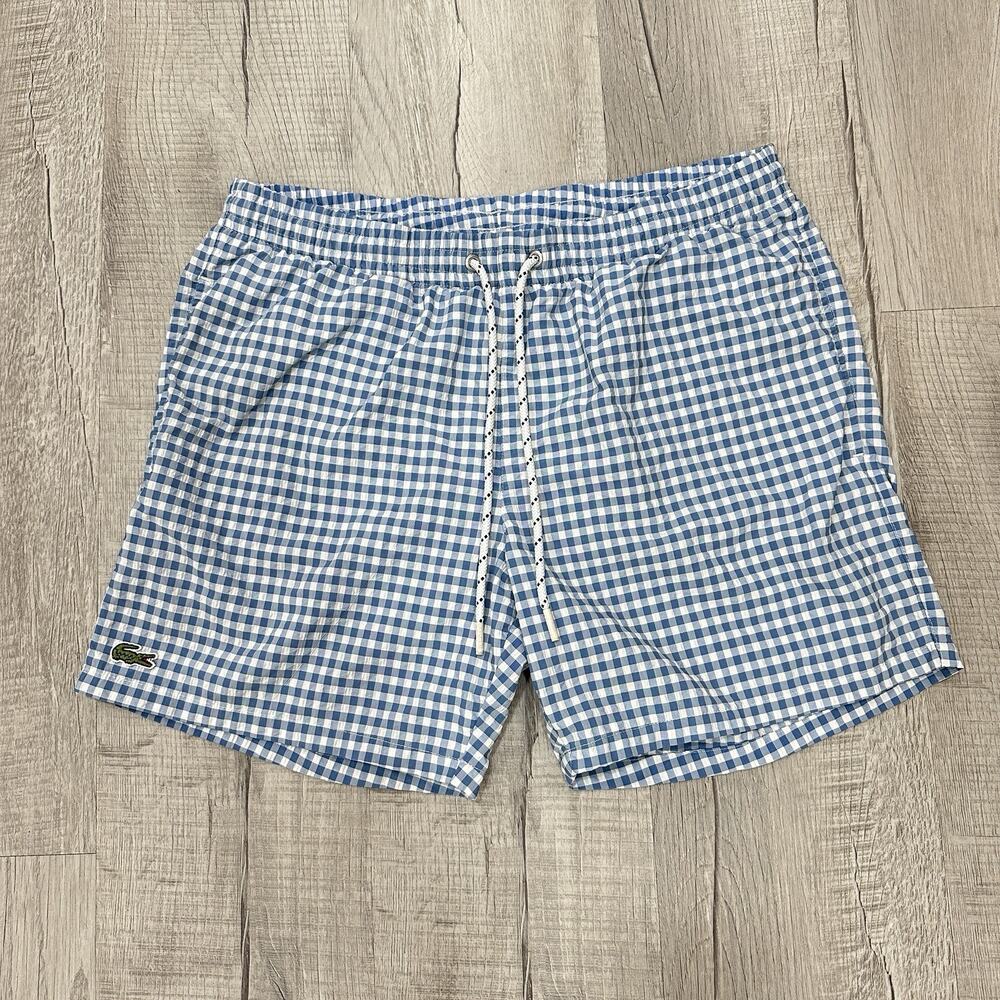 Lacoste Swim Trunks Men’s Medium Blue White Checkered Gingham Seersucker Logo